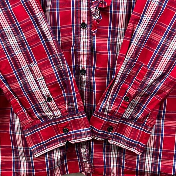 Gap Womens Red Check The Fitted Boyfriend Shirt Size XL Button Front Ruffle Neck - Picture 6 of 14